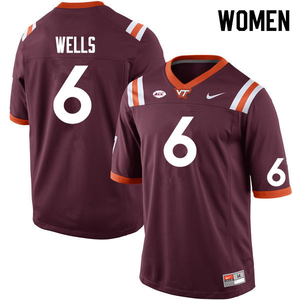 Women #6 Grant Wells Virginia Tech Hokies College Football Jerseys Sale-Maroon